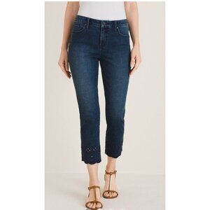 Chicos 2.5 Girlfriend Slim Crop Jeans Size 14 Embroidered Eyelet Hem Blue Denim